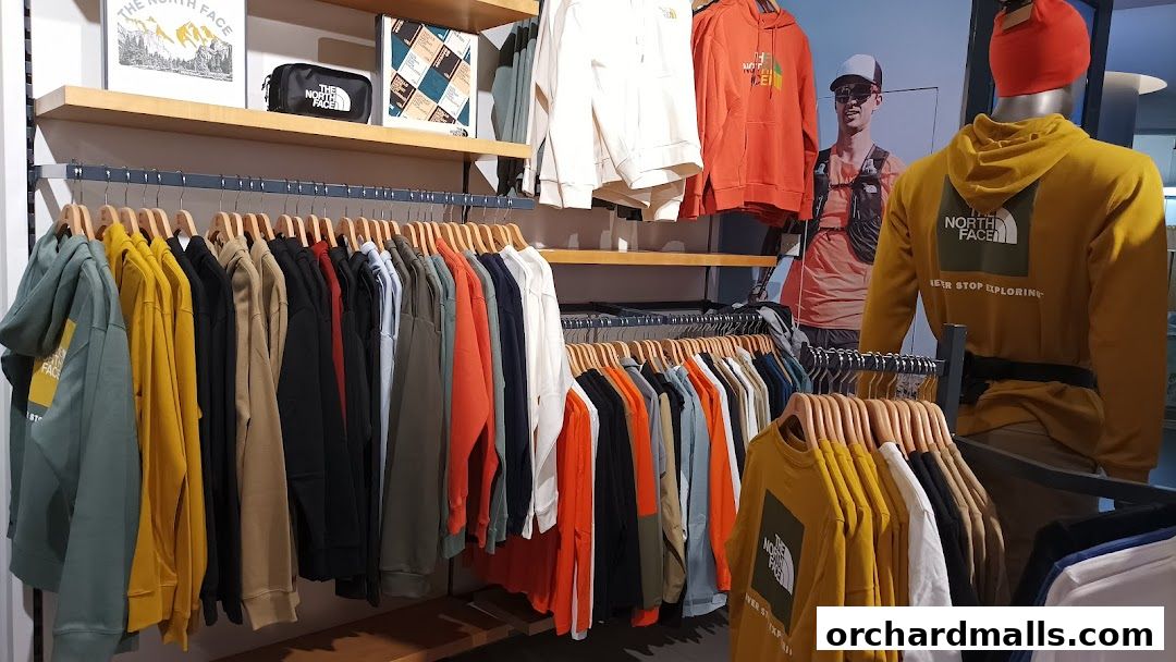 Interior view of The North Face shop showcasing a wide selection of hoodies and t-shirts.