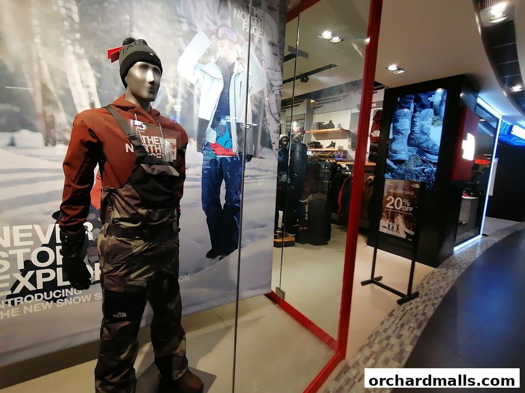 A mannequin dressed in winter gear is displayed in the window of The North Face store.