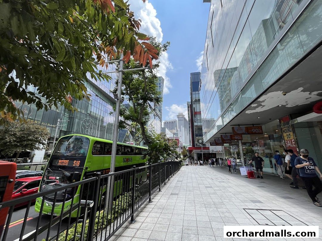 A bright, sunny day with a green double-decker bus passing by a modern building with shops.