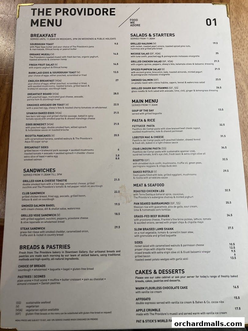 Menu page for The Providore - Mandarin Gallery