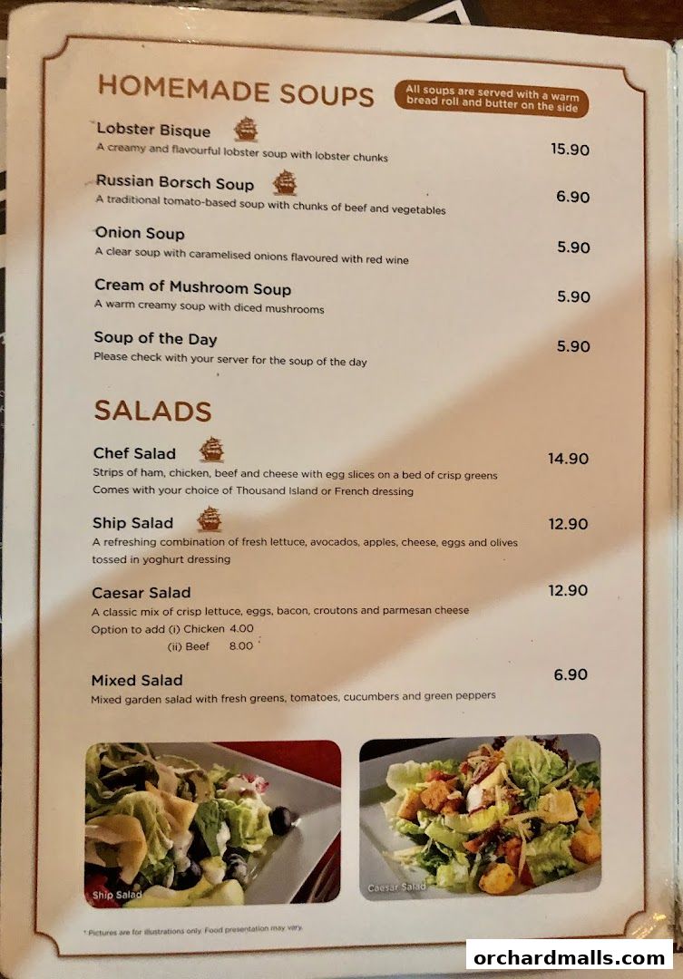 Menu page for The Ship Restaurant  Shaw Centre