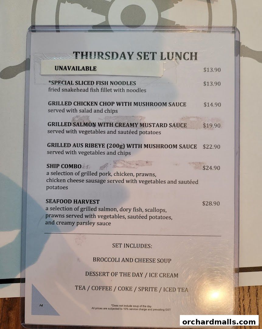 Menu page for The Ship Restaurant  Shaw Centre