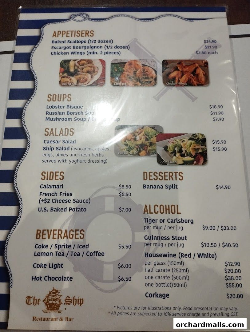 Menu page for The Ship Restaurant  Shaw Centre