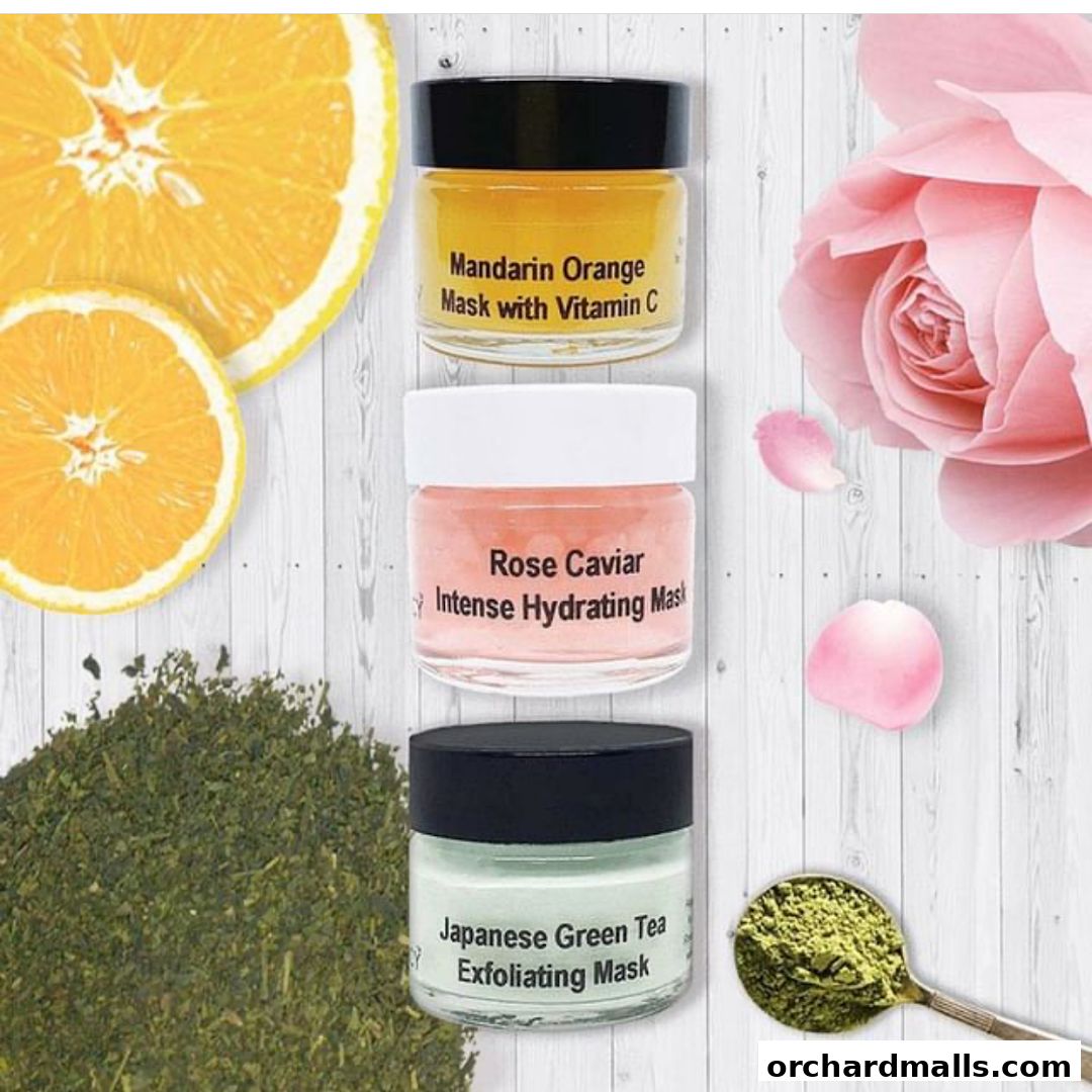 Three skincare masks with ingredients like orange, rose, and green tea.