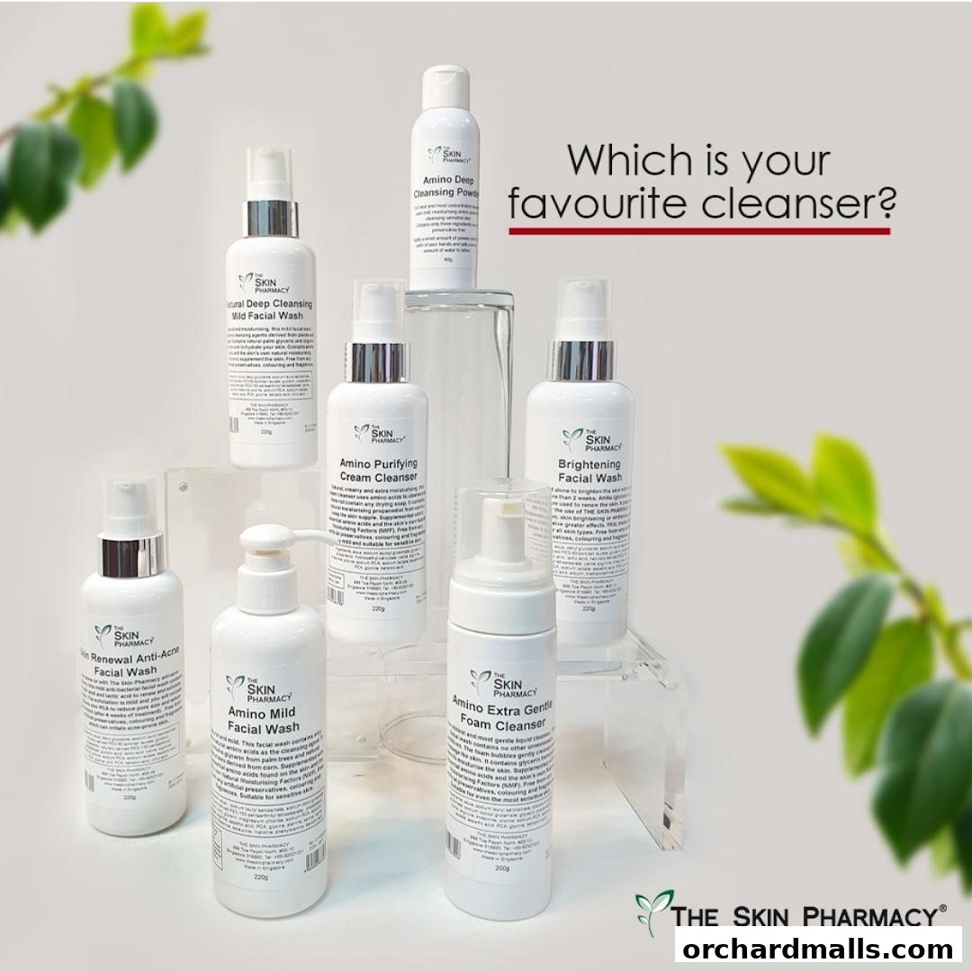A collection of The Skin Pharmacy facial cleansers displayed on clear stands.