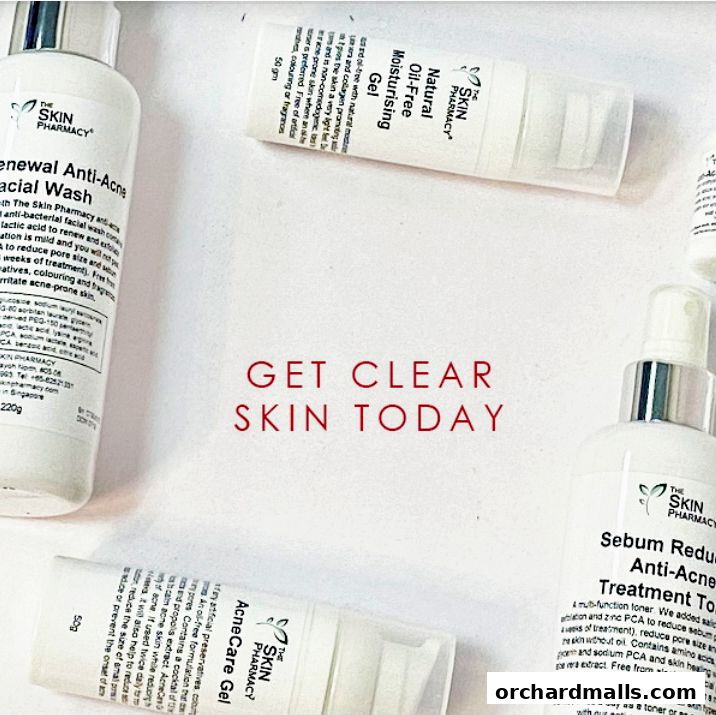 A collection of skincare products from The Skin Pharmacy, promoting clear skin.