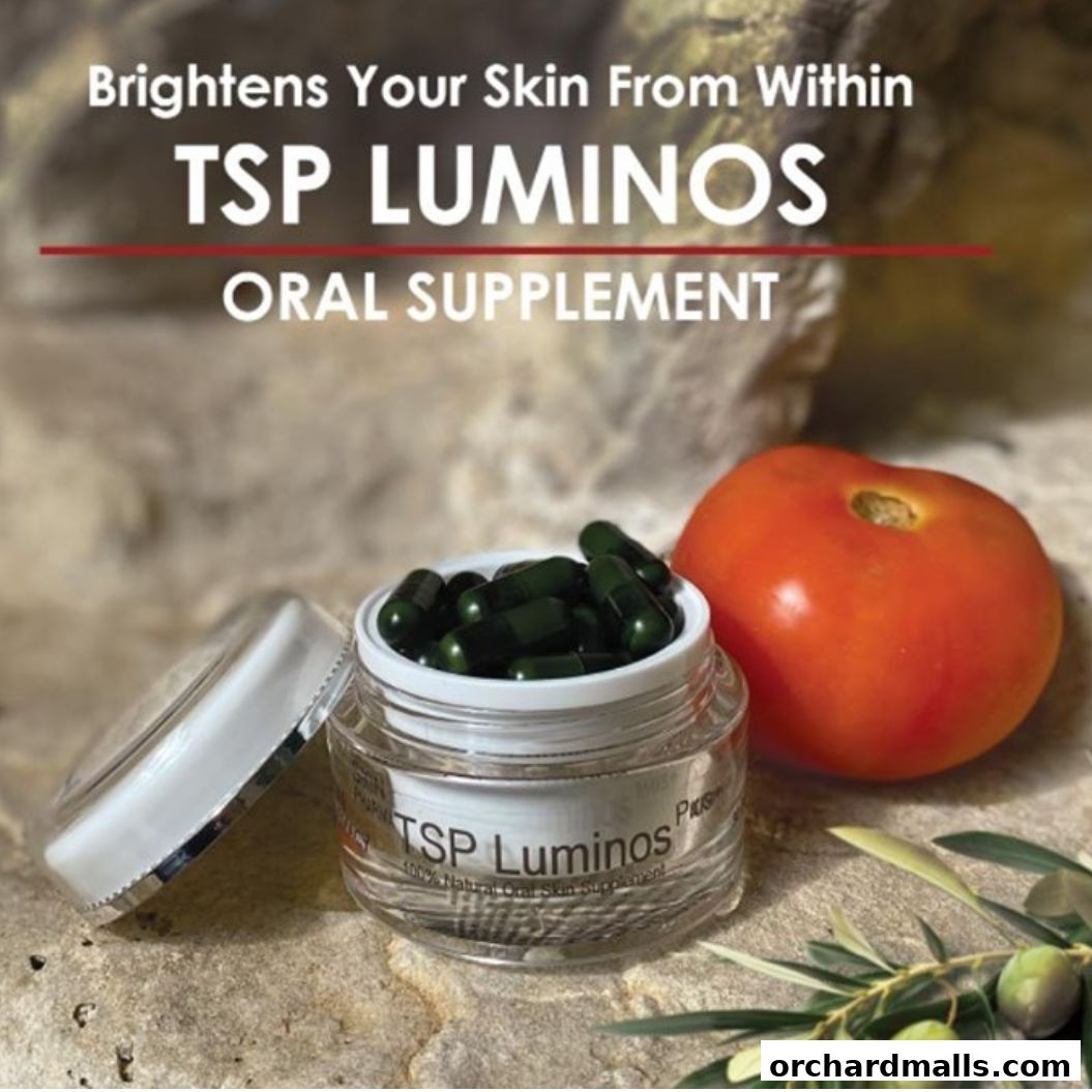 A jar of TSP Luminos oral supplement capsules next to a tomato and olive branch.