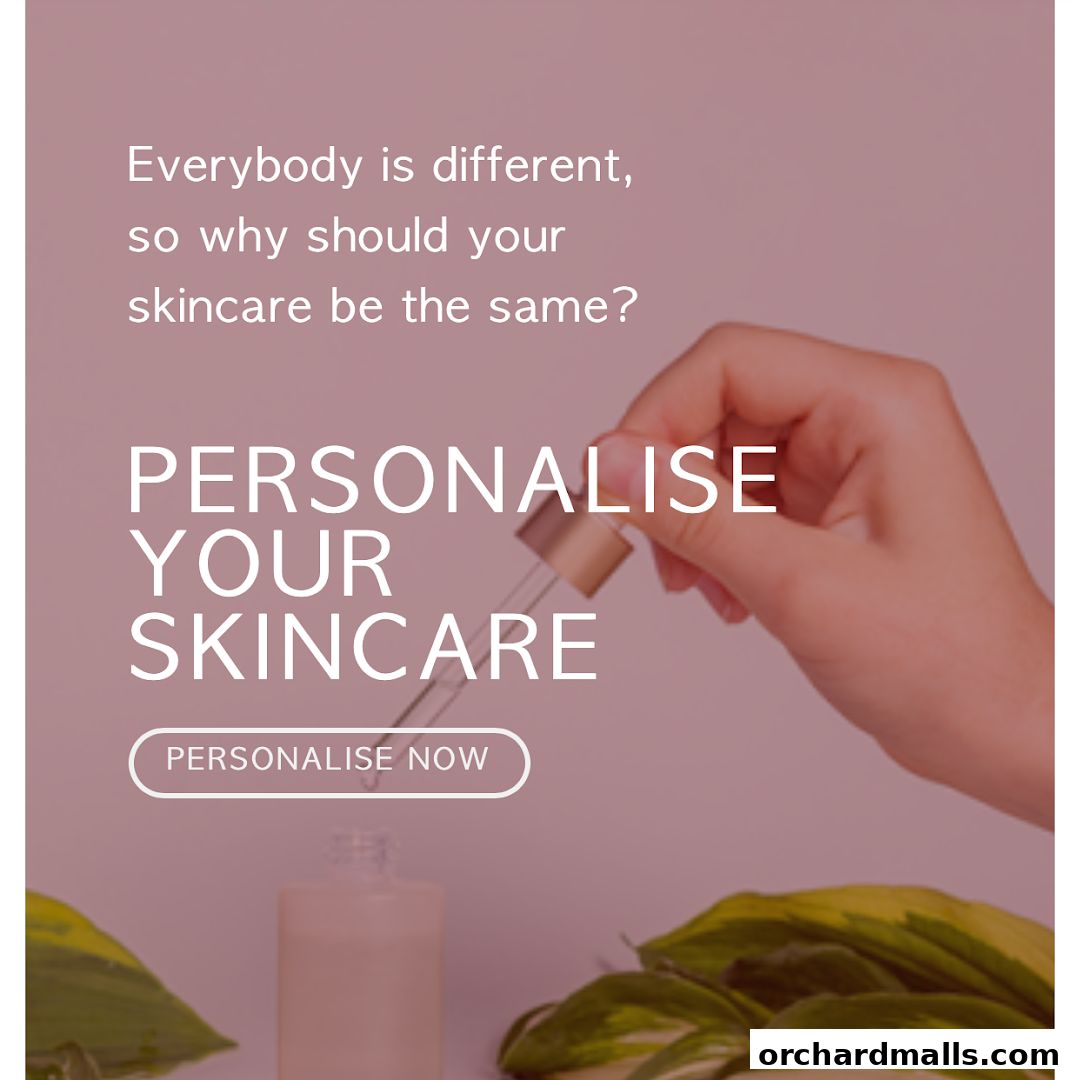 A hand holding a dropper over a skincare bottle with text about personalized skincare.