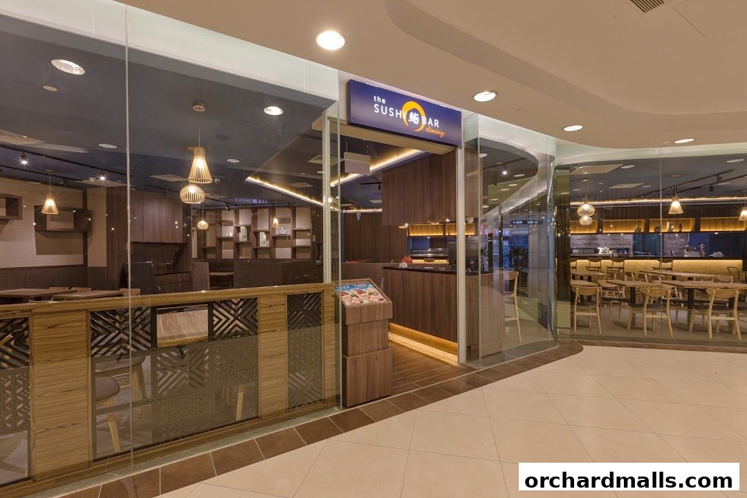 Exterior view of The Sushi Bar dining, showcasing its modern interior and seating.