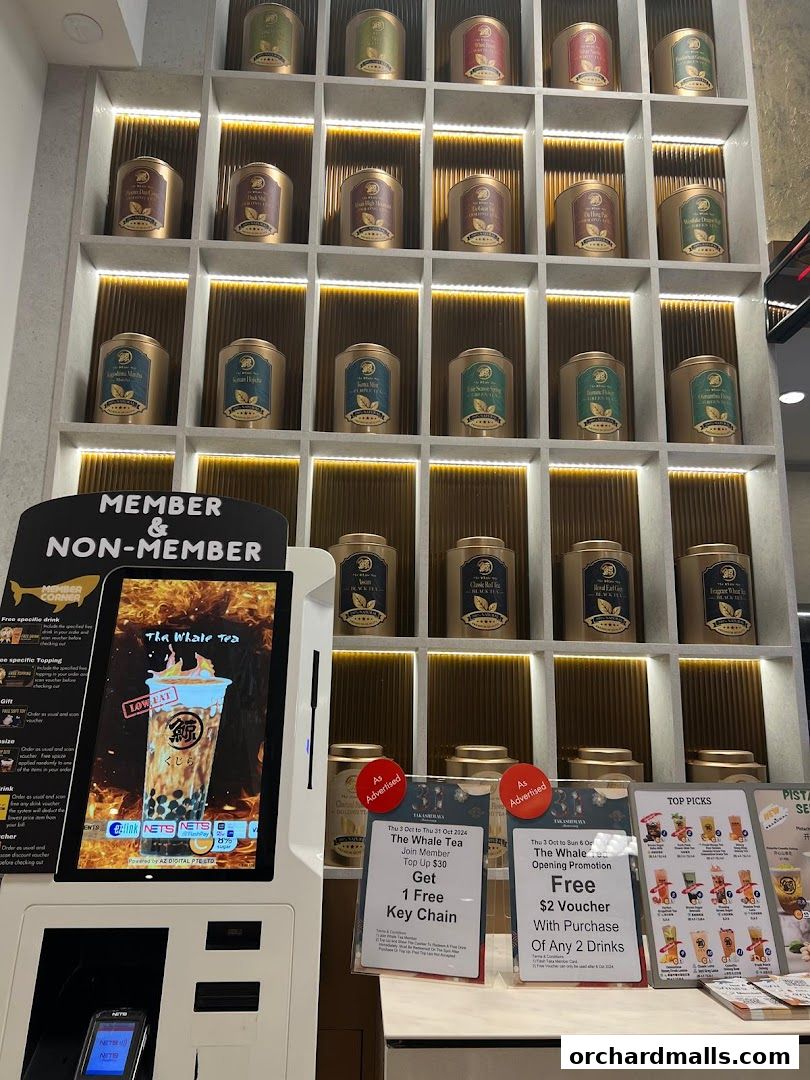The Whale Tea shop interior with shelves of tea tins and a digital ordering kiosk.