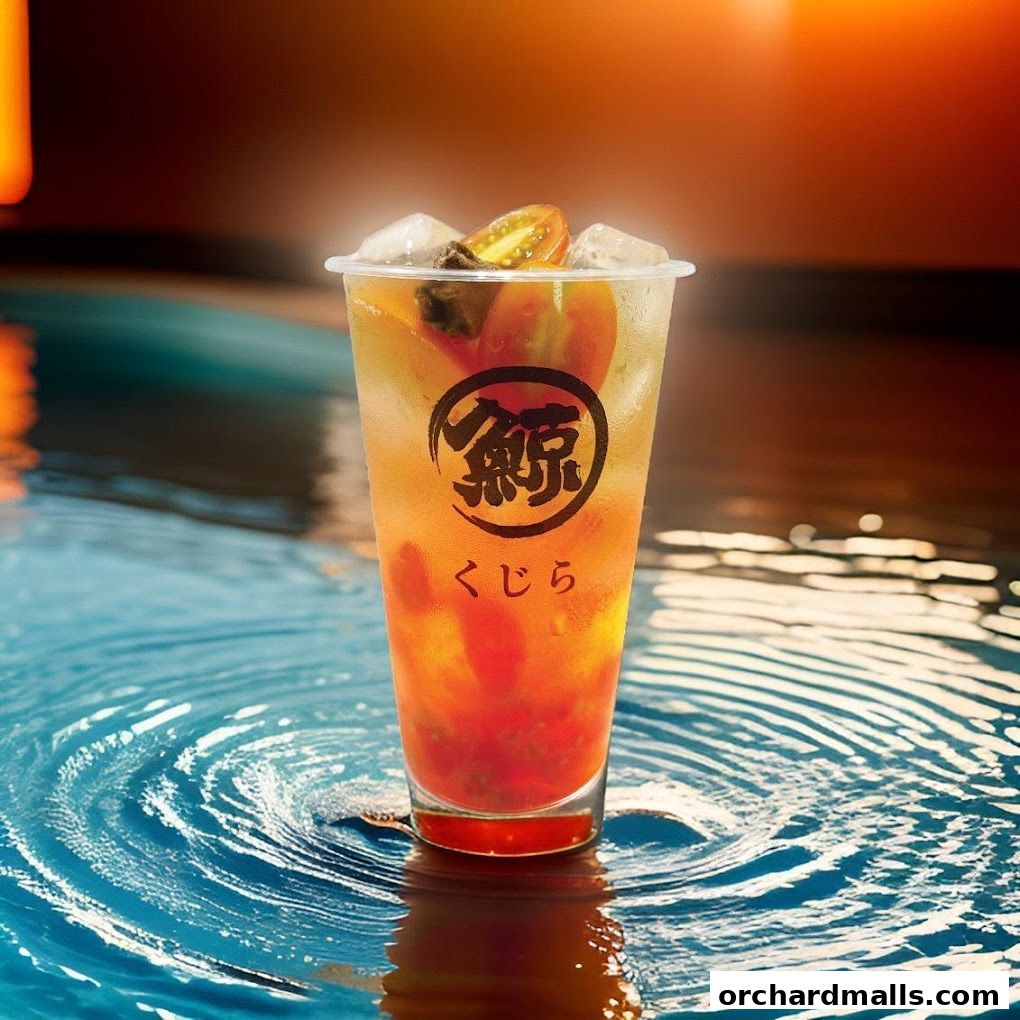 A refreshing drink with fruit and ice, presented in a clear cup with a logo.