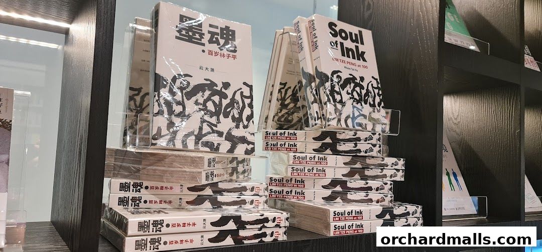 Stacks of books with Chinese and English titles displayed on shelves in a bookstore.