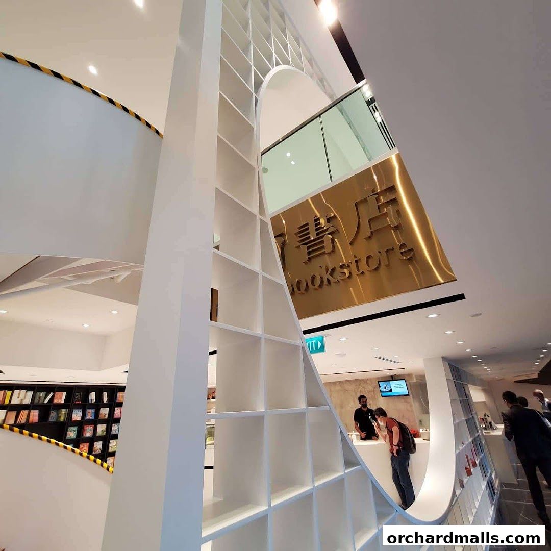 Interior of a modern bookstore with unique shelving and signage.