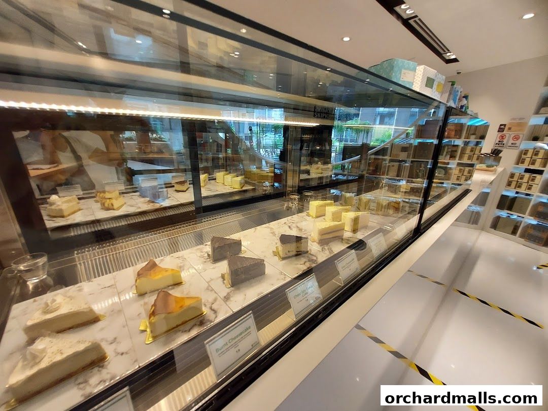 A display case filled with various cakes and desserts in a modern shop.