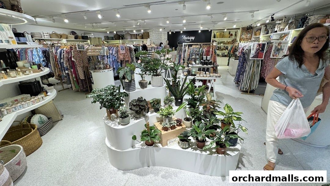Interior view of Therapy Market at Wheelock Place, showcasing clothing, plants, and home decor.