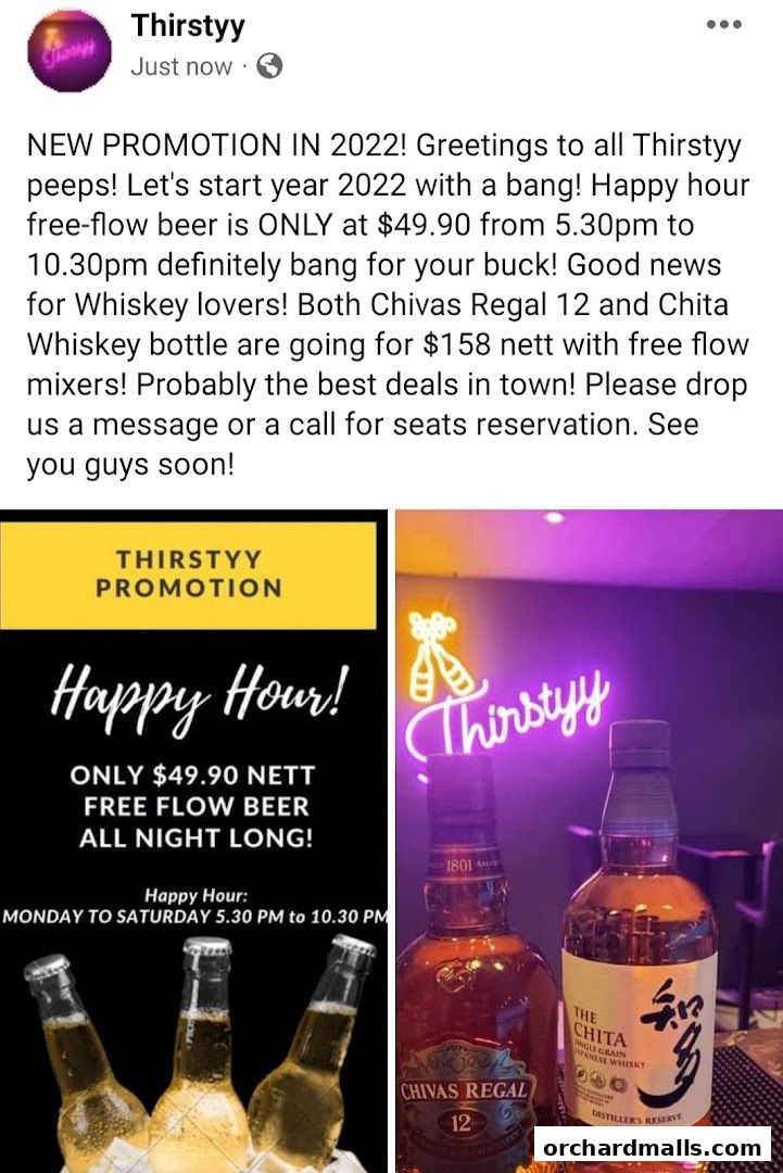 Thirstyy promotion for happy hour beer and whiskey deals with bottles and neon sign.