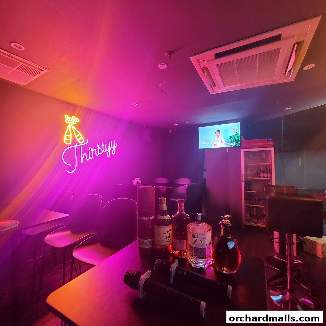 Interior of a bar with neon sign, bottles of alcohol, microphones, and a TV screen.