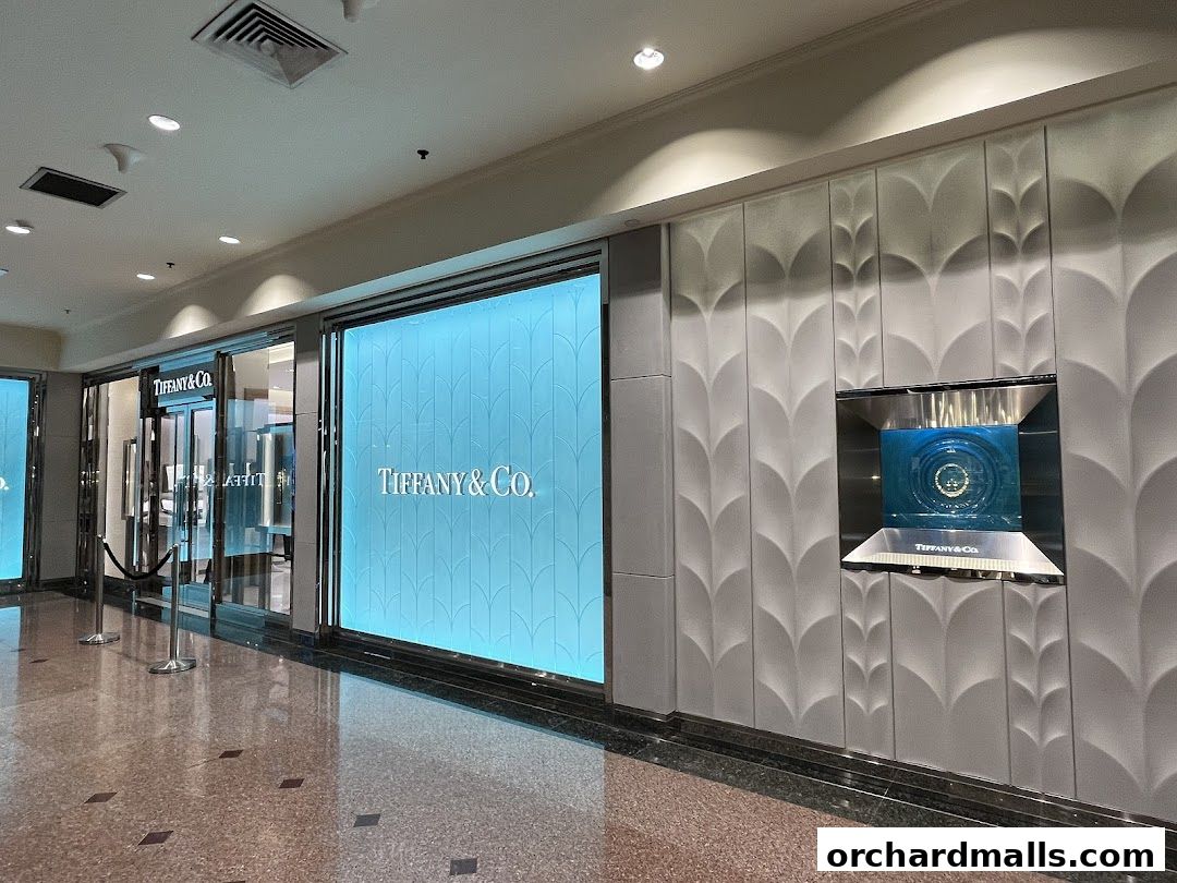The elegant exterior of a Tiffany & Co. jewelry store with illuminated signage and a display window.