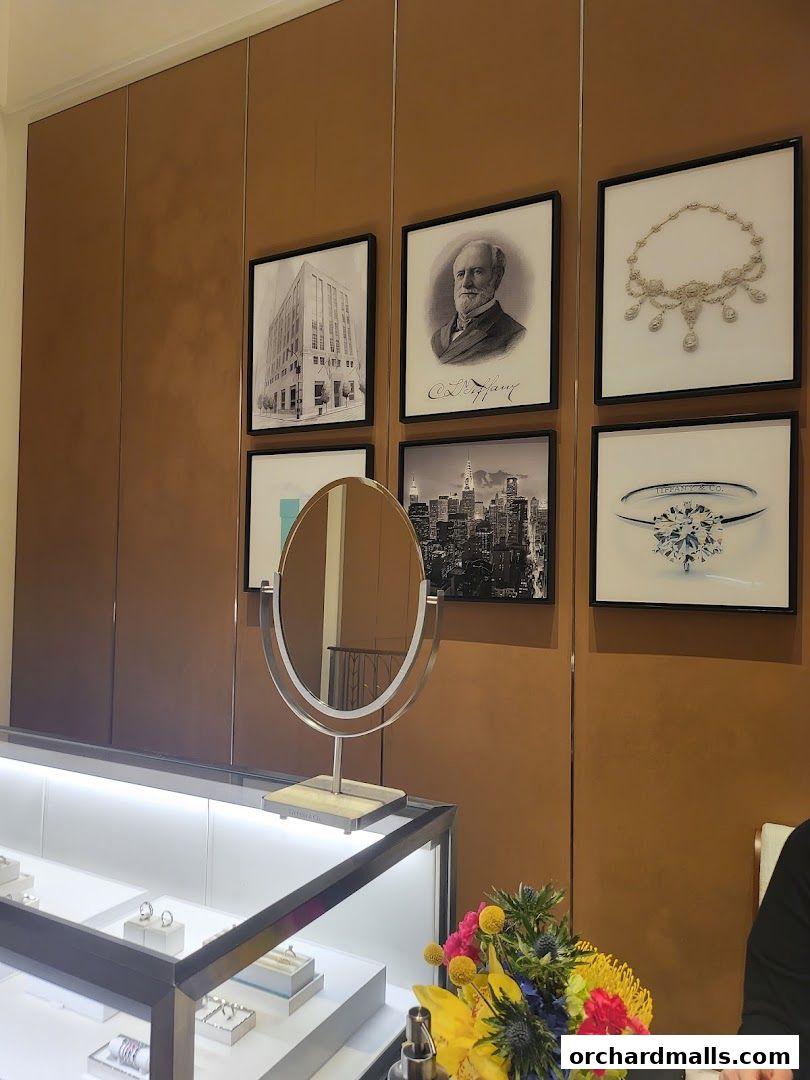Interior shot of Tiffany & Co. with framed artwork and jewelry displays.