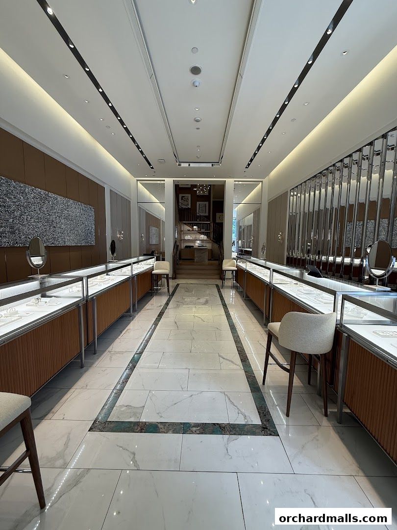 Interior view of a luxurious Tiffany & Co. jewelry store with display cases and seating.