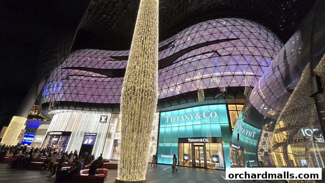 The illuminated Tiffany & Co. store front at night, with Louis Vuitton nearby.