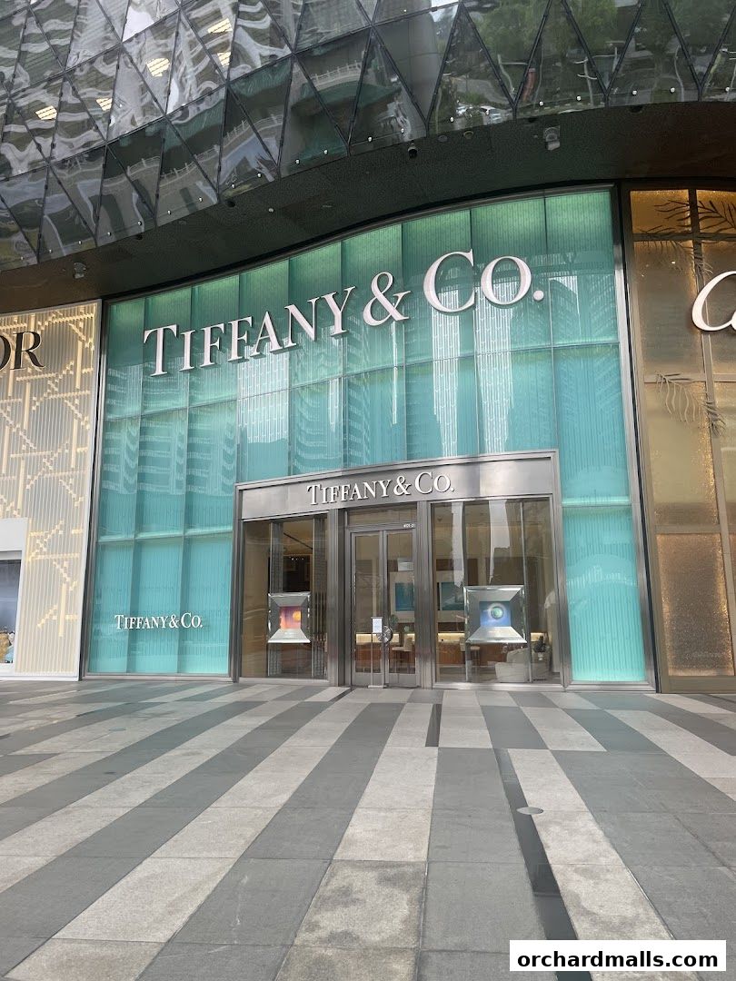 The elegant Tiffany & Co. storefront with its iconic blue facade and prominent signage.