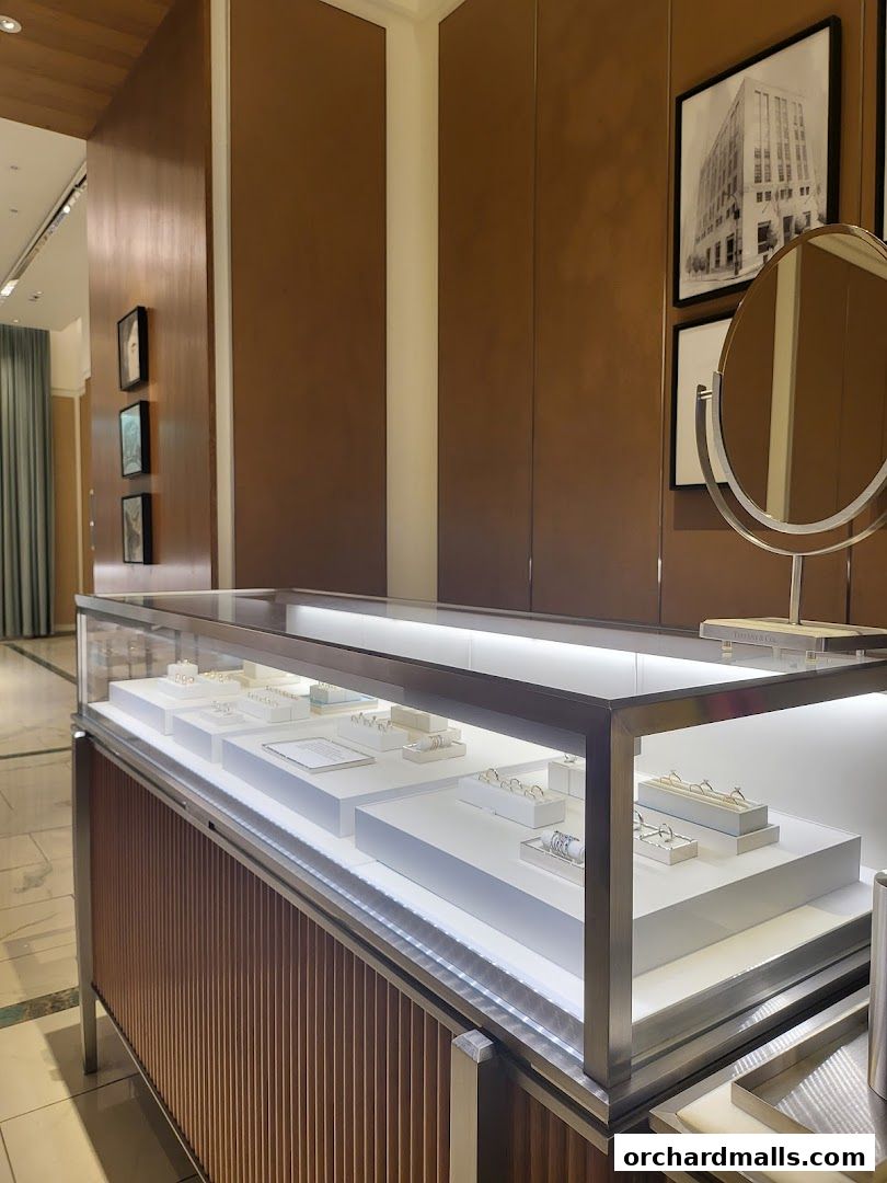 A well-lit jewelry display case filled with rings and other fine jewelry.