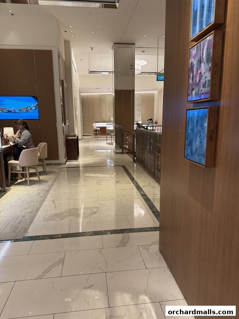 Interior view of a luxurious jewelry store with display cases and seating areas.
