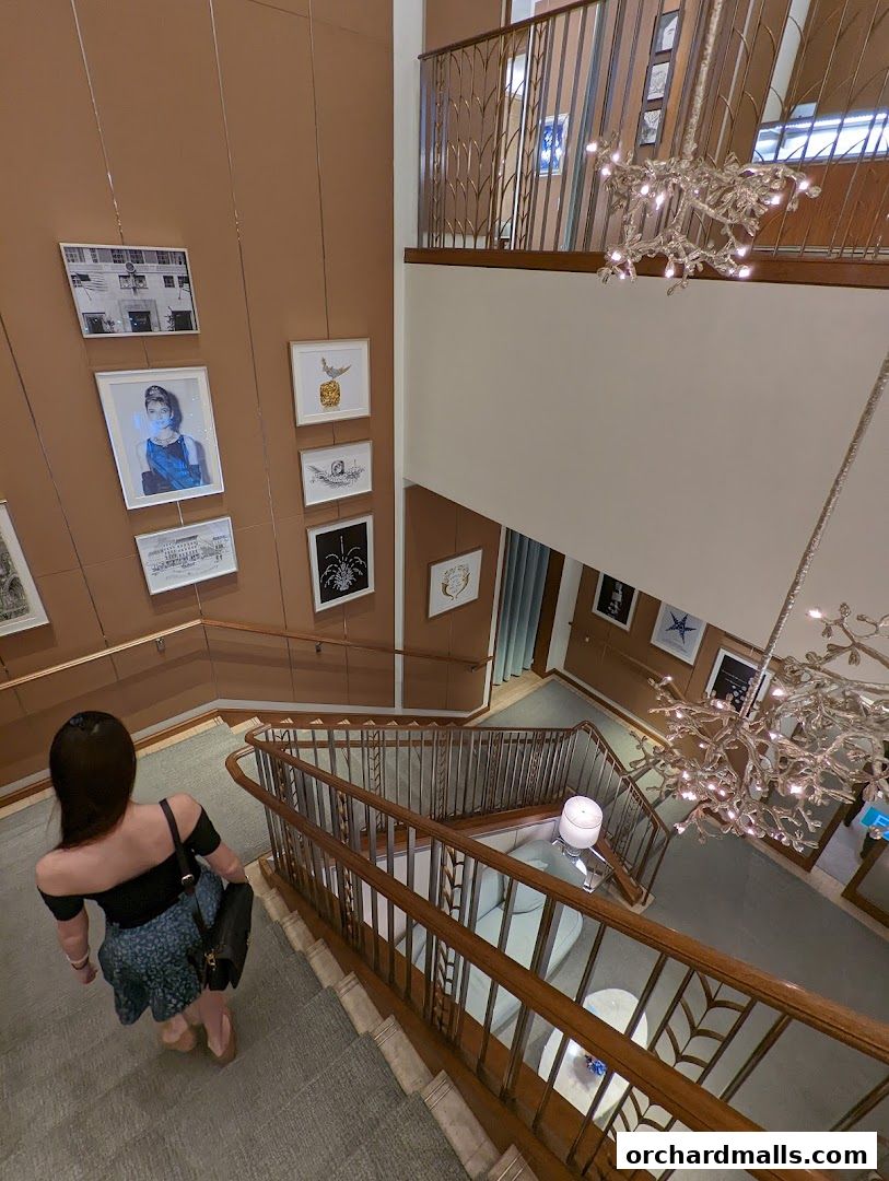 A woman walks down a grand staircase adorned with artwork and elegant chandeliers.