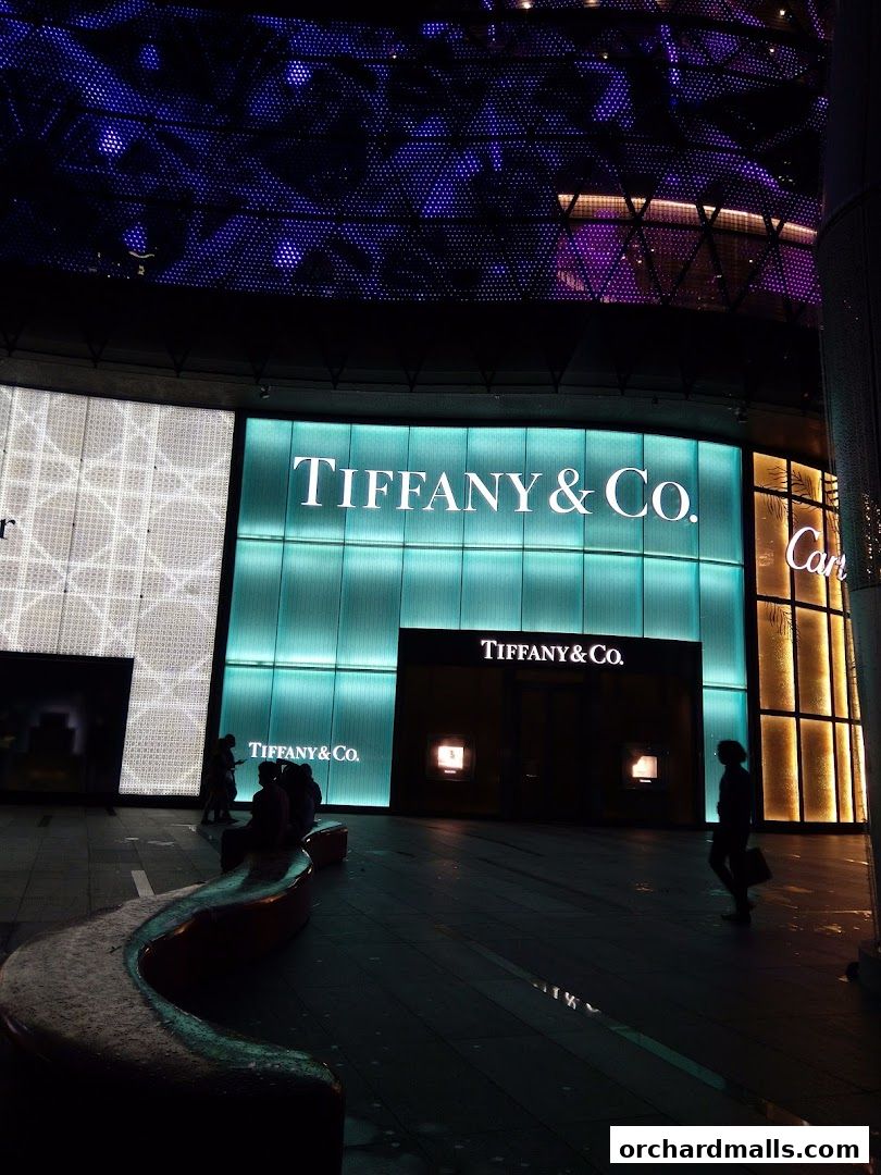 The illuminated Tiffany & Co. storefront at night, with people walking by.