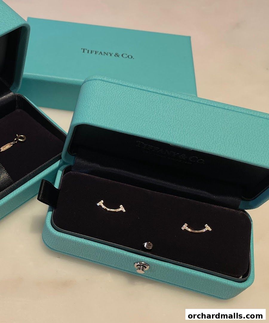 Tiffany & Co. jewelry boxes showcasing elegant diamond-studded earrings.