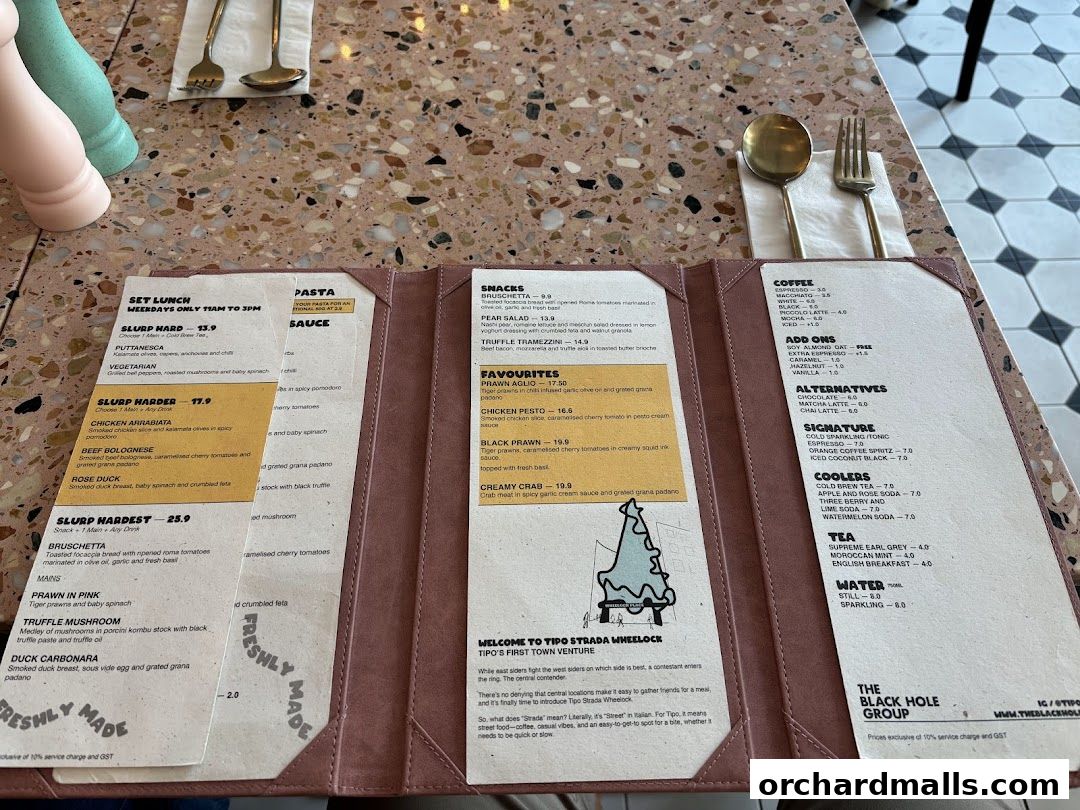 A menu from Tipo Strada Wheelock with pasta, snacks, coffee, and drinks.