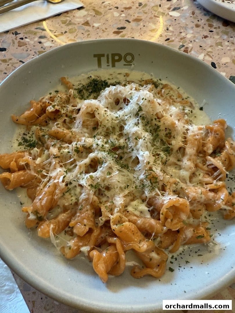 A close-up shot of a creamy pasta dish topped with grated cheese and herbs.