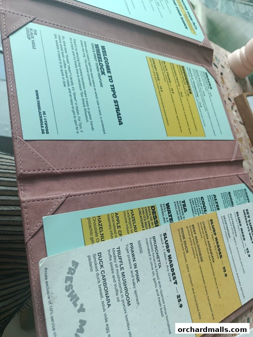 A pink menu for Tipo Strada Wheelock with various food and drink options listed.