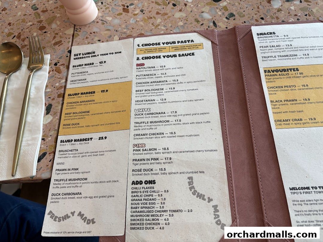A menu from Tipo Strada Wheelock with pasta, snacks, and favorites sections.