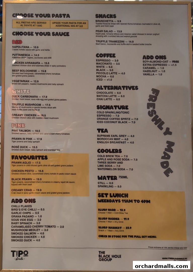 A menu for Tipo Strada Wheelock featuring pasta sauces, snacks, coffee, tea, and set lunch options.