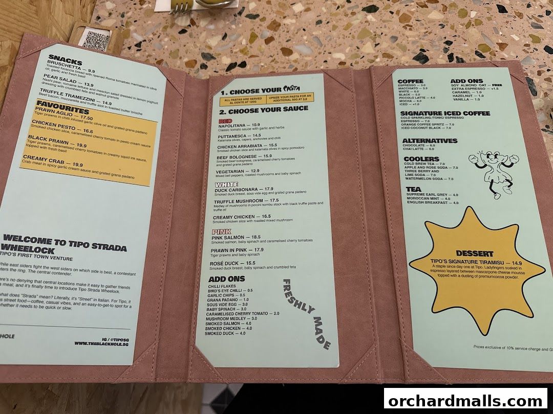 A pink menu for Tipo Strada Wheelock, featuring pasta, snacks, drinks, and desserts.