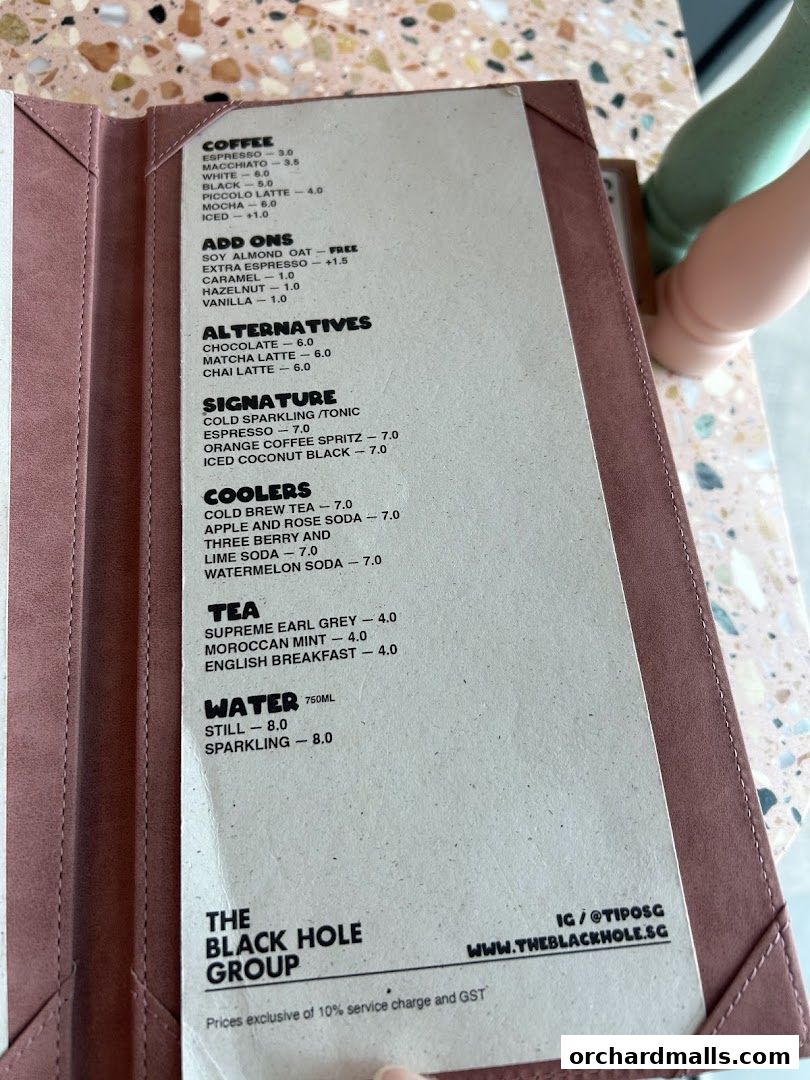 A menu from Tipo Strada Wheelock featuring coffee, tea, and other beverages.