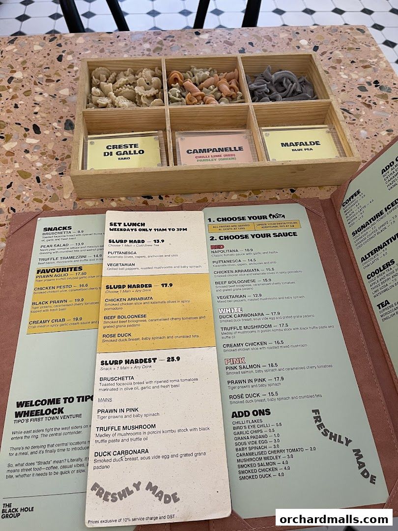 A menu from Tipo Strada Wheelock showcasing pasta options and ingredients.