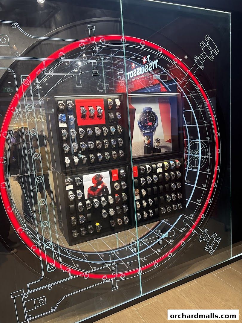 A Tissot watch store window display featuring a variety of watches and a large red circular graphic.