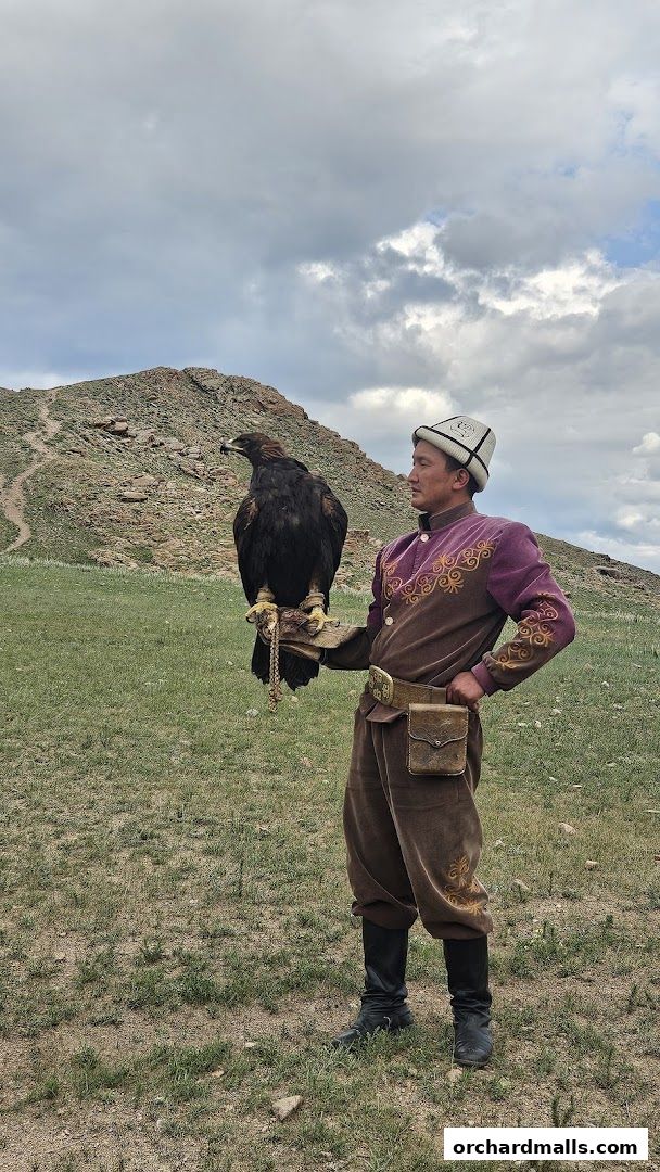 A man in traditional attire holds a golden eagle on his gloved hand in a grassy, mountainous landscape.