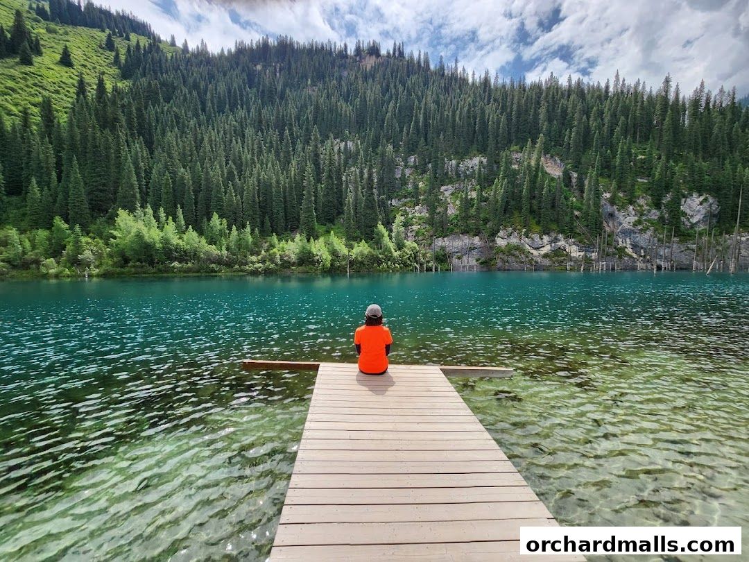 A person sits on a wooden pier overlooking a stunning turquoise lake surrounded by a dense pine forest.