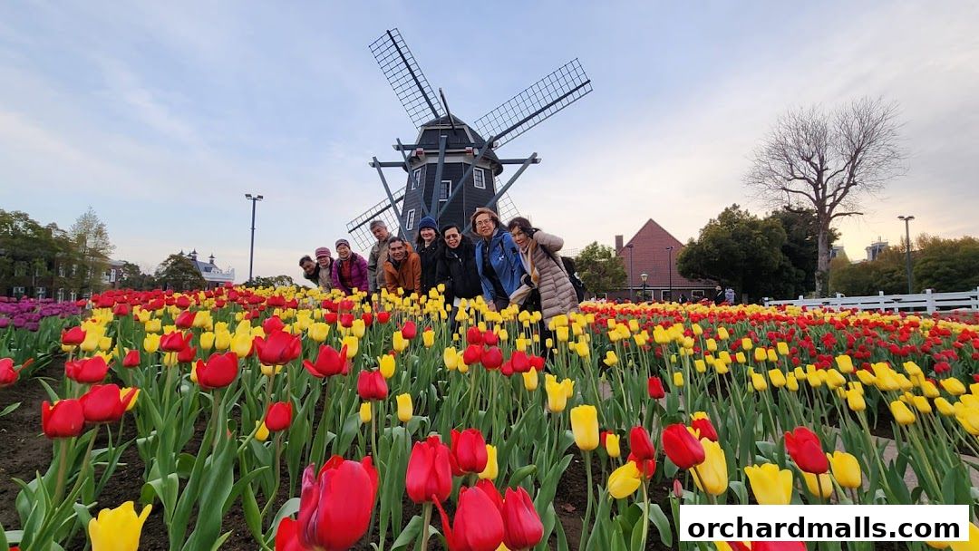 A group of people pose in front of a windmill with a field of red and yellow tulips.