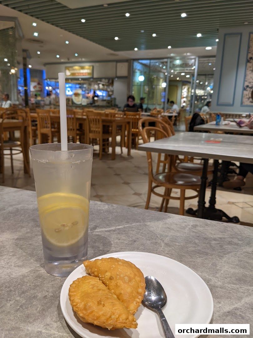 A refreshing lemon drink and two savory pastries served on a plate with a spoon.