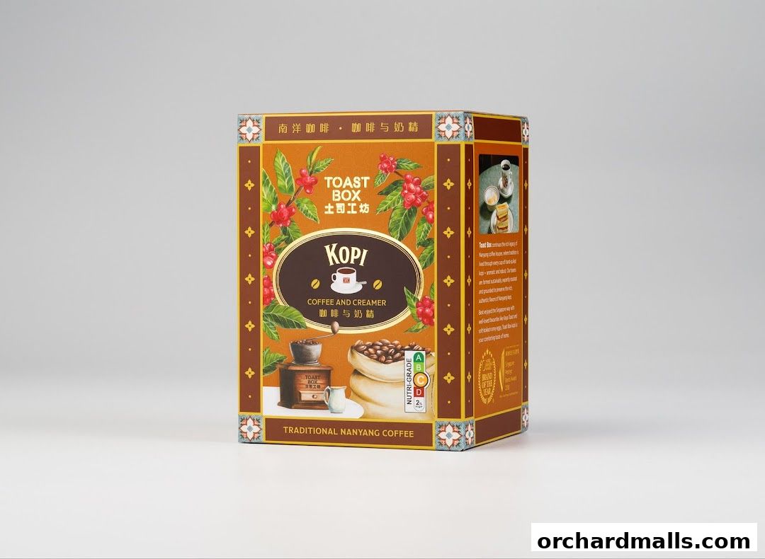A box of Toast Box Kopi Coffee and Creamer with traditional Nanyang coffee branding.