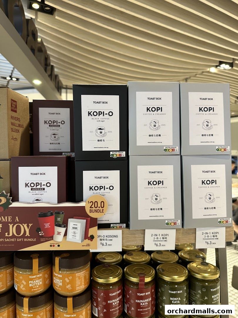 Toast Box products including coffee sachets, peanut butter, and kaya jams are displayed.