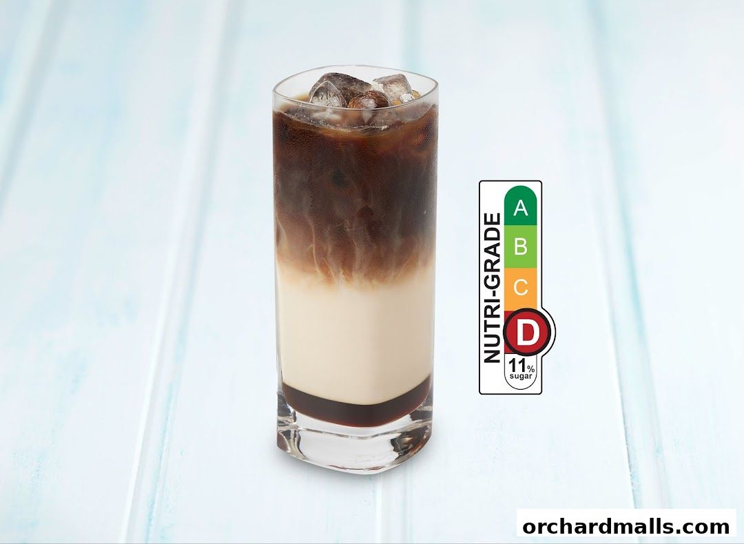 A layered iced coffee drink with a Nutri-Grade D rating indicating 11% sugar.