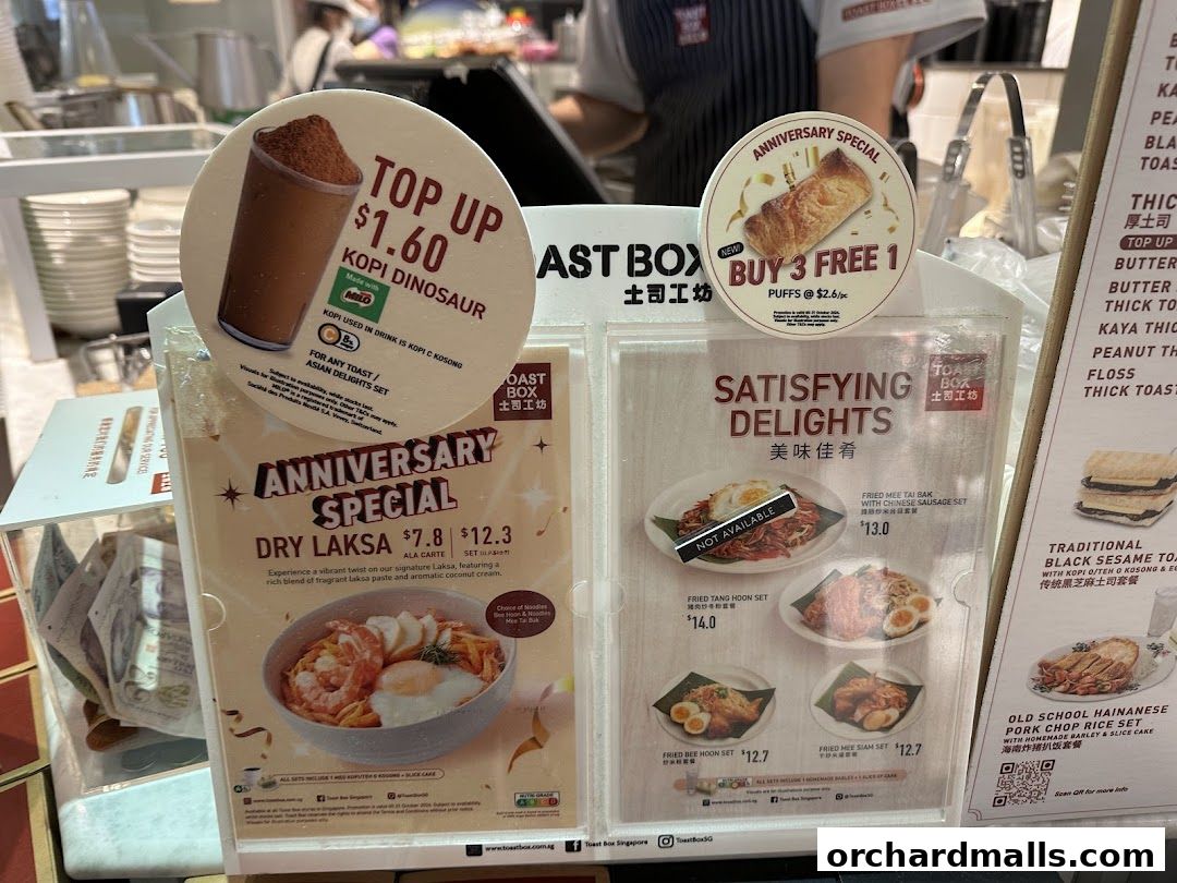 Toast Box Wheelock Place menu featuring anniversary specials and satisfying delights.