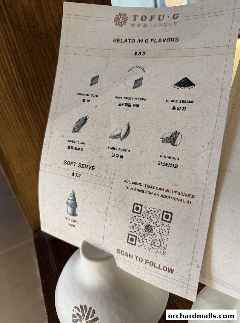 Menu page for Tofu G Gelato  Korean Premium Ice Cream Mandarin Gallery, Orchard Pop-Up