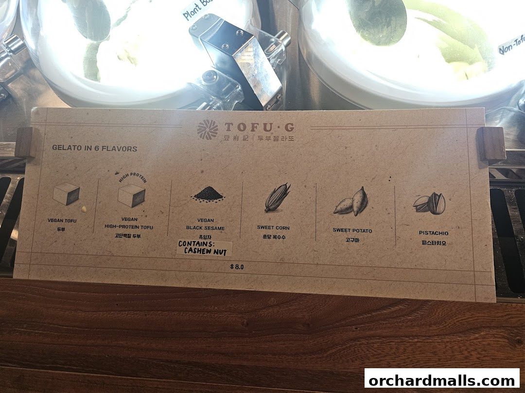 Menu page for Tofu G Gelato  Korean Premium Ice Cream Mandarin Gallery, Orchard Pop-Up